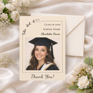 Simple modern photo Graduate She did it champagne Thank You Card