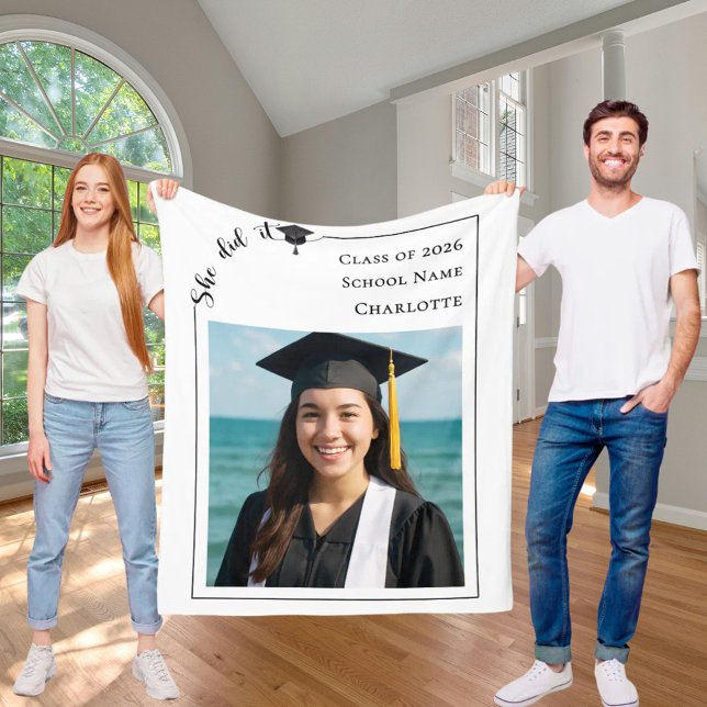 Simple modern photo Graduation she did it Fleece Blanket (Creator Uploaded)