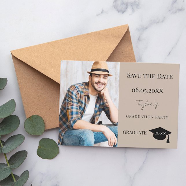 Simple modern photo mocha beige guy Graduation Save The Date (Creator Uploaded)