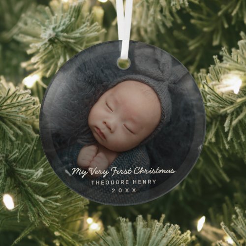 Simple Modern Photo My First Christmas Baby Glass Ornament
