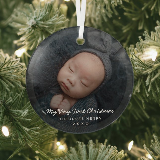 Simple Modern Photo My First Christmas Baby Glass Ornament (Insitu)