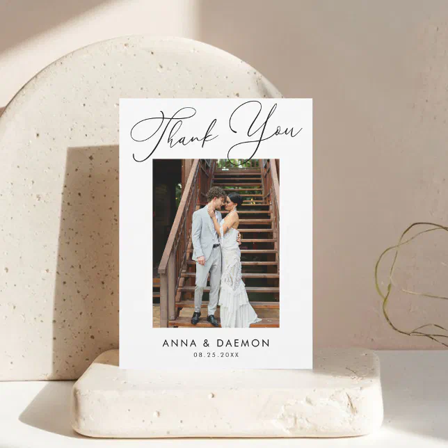 Simple Modern Photo Note Minimalist Script Wedding Thank You Card | Zazzle