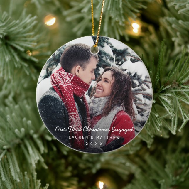 Simple Modern Photo Our First Christmas Engaged Ceramic Ornament (Tree)