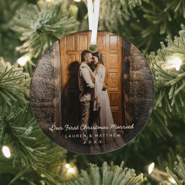 Simple Modern Photo Our First Christmas Newlywed Glass Ornament (Insitu)