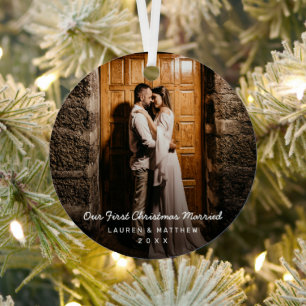 Simple Modern Photo Our First Christmas Newlywed Metal Ornament