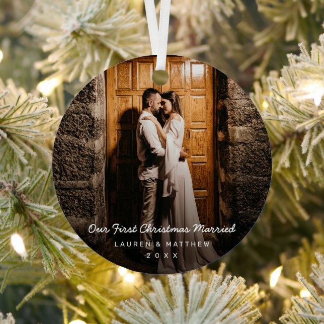 Simple Modern Photo Our First Christmas Newlywed Metal Ornament (Insitu)