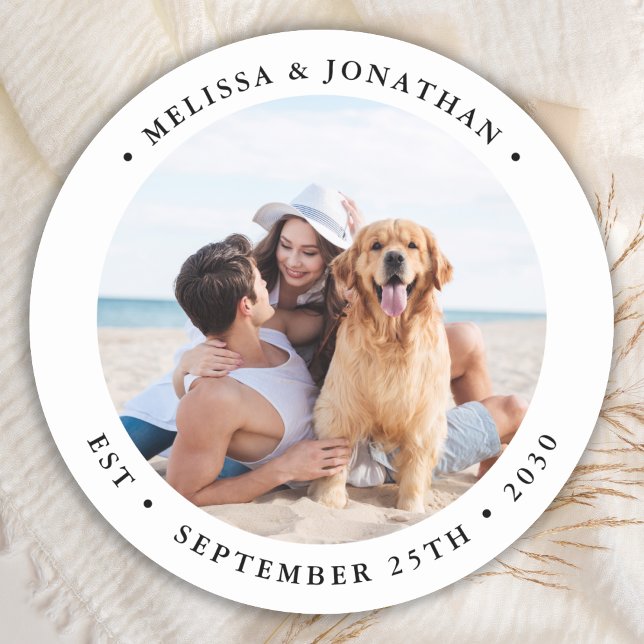 Simple Modern Photo Personalized Wedding Favors  Classic Round Sticker (Creator Uploaded)