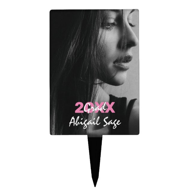 Simple Modern Photo Pink and White Graduation Cake Topper (Front)