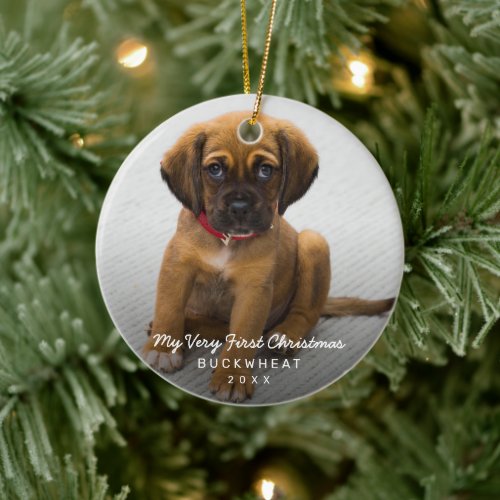 Simple Modern Photo Puppy First Christmas Ceramic Ornament