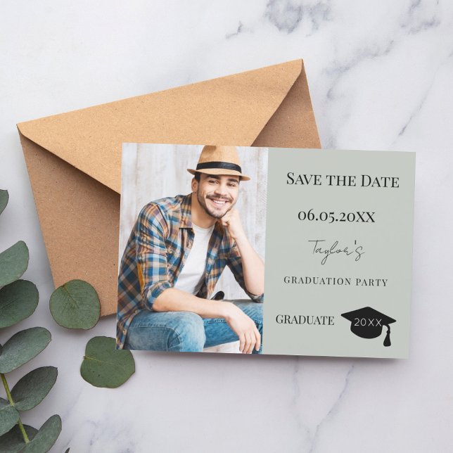 Simple modern photo sage green guy Graduation Save The Date (Creator Uploaded)