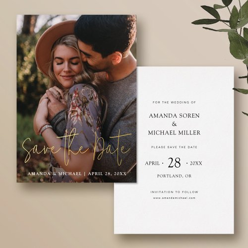 Simple Modern Photo Save the Date Wedding Gold Foil Invitation