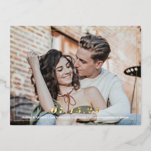 Simple modern photo save the date with gold foil foil invitation postcard