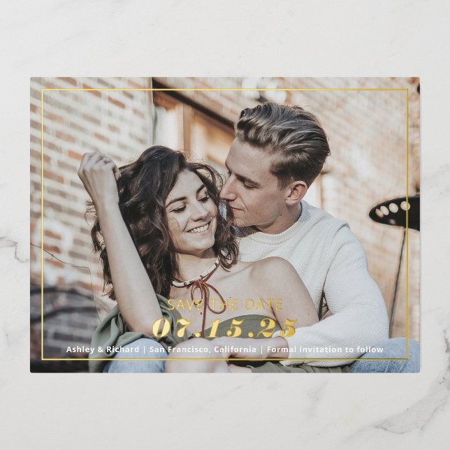 Simple modern photo save the date with gold foil foil invitation postcard (Front)
