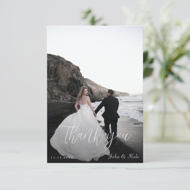 Simple Modern Photo Script Frame Wedding  Thank You Card (Standing Front)