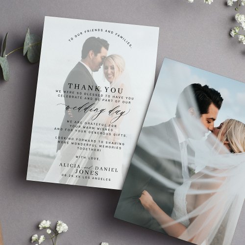Simple modern photo script overlay wedding  thank you card