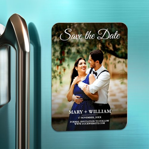 Simple modern photo script save the date wedding magnet