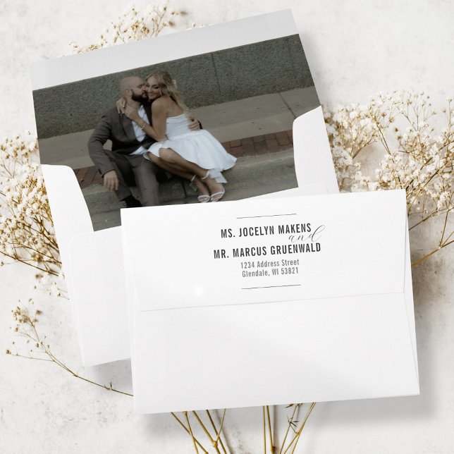 Simple Modern Photo Self Addressed Wedding Invite Envelope (Custom engagement photo inlay envelope, self return address back flap wedding invitation envelopes)