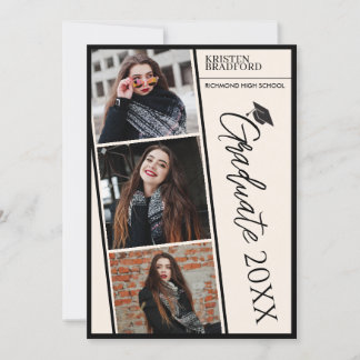 Simple Modern Photo Strips Beige Graduation Announcement
