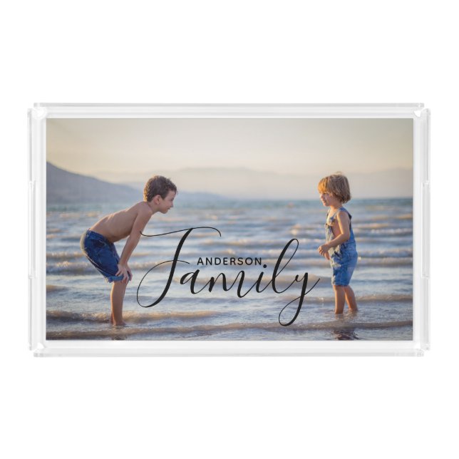 Simple Modern Photo Template Custom Family Name Acrylic Tray (Front)