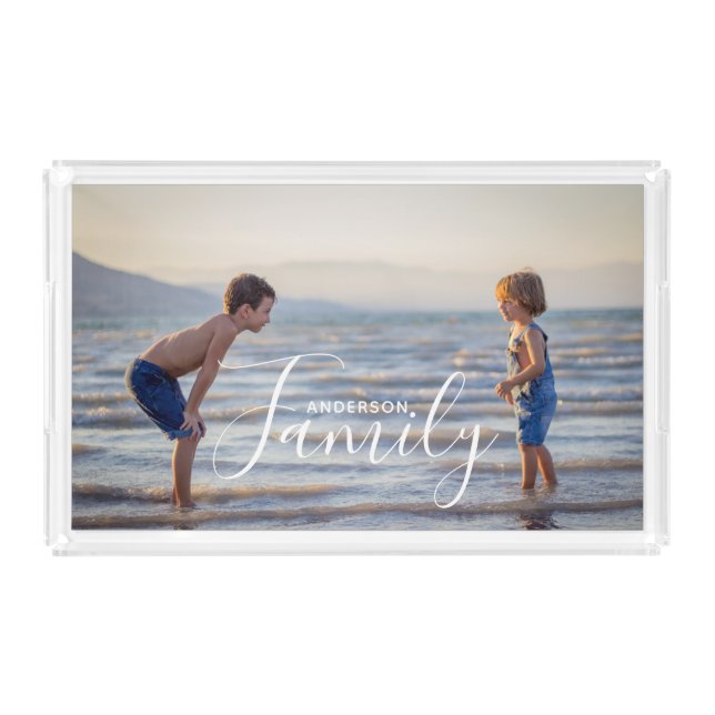 Simple Modern Photo Template Custom Family Name Acrylic Tray (Front)