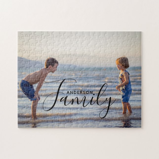Simple Modern Photo Template Custom Family Name Jigsaw Puzzle (Horizontal)