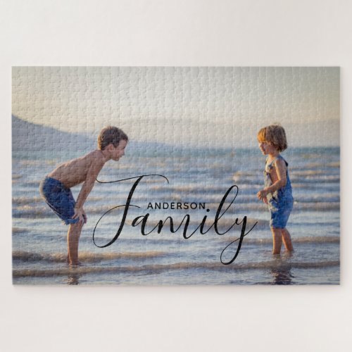 Simple Modern Photo Template Custom Family Name Jigsaw Puzzle
