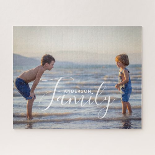 Simple Modern Photo Template Custom Family Name Jigsaw Puzzle