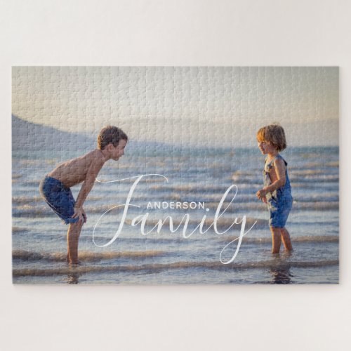 Simple Modern Photo Template Custom Family Name Jigsaw Puzzle