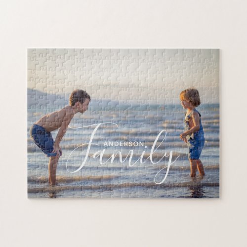 Simple Modern Photo Template Custom Family Name Jigsaw Puzzle