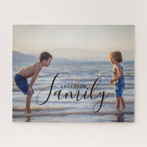 Simple Modern Photo Template Custom Family Name Jigsaw Puzzle