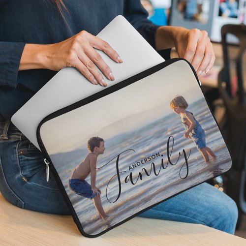 Simple Modern Photo Template Custom Family Name Laptop Sleeve