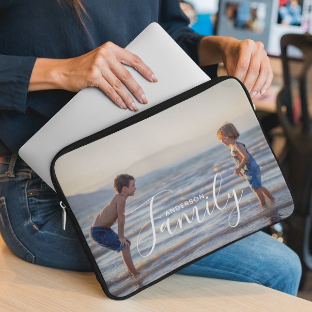 Simple Modern Photo Template Custom Family Name Laptop Sleeve (Creator Uploaded)