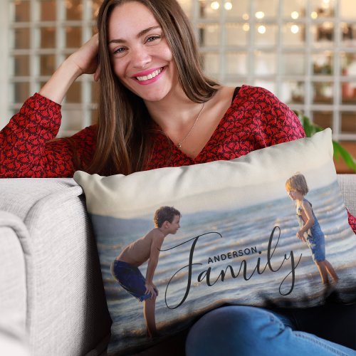 Simple Modern Photo Template Custom Family Name Lumbar Pillow