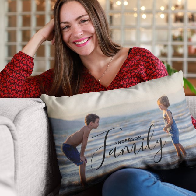 Simple Modern Photo Template Custom Family Name Lumbar Pillow (Creator Uploaded)