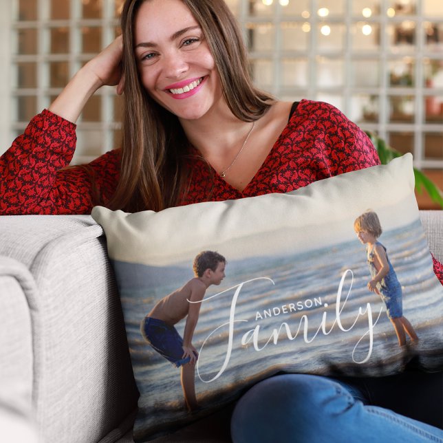 Simple Modern Photo Template Custom Family Name Lumbar Pillow (Creator Uploaded)