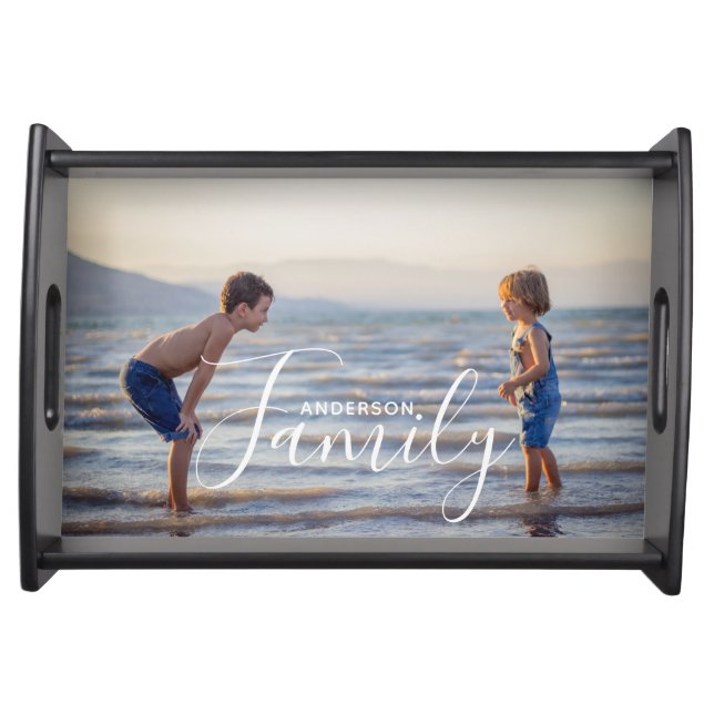 Simple Modern Photo Template Custom Family Name Serving Tray (Front)