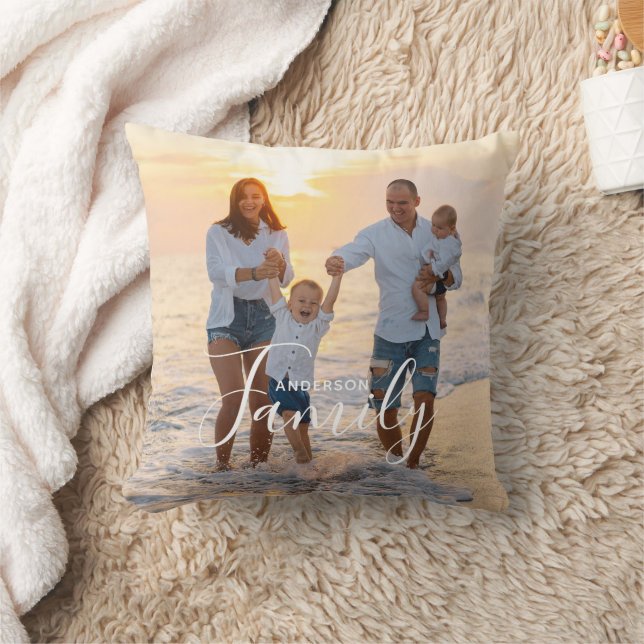 Simple Modern Photo Template Custom Family Name Throw Pillow (Blanket)