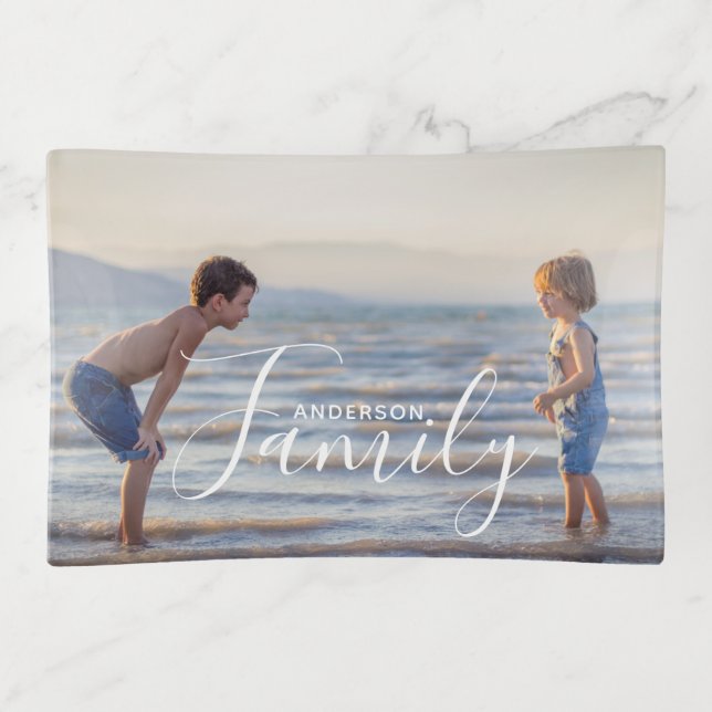 Simple Modern Photo Template Custom Family Name Trinket Tray (Front)