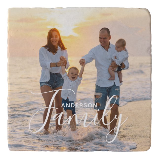 Simple Modern Photo Template Custom Family Name Trivet (Front)