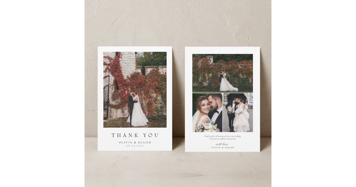 Simple Modern Photo Wedding W Note 4 Photo Thank You Card | Zazzle