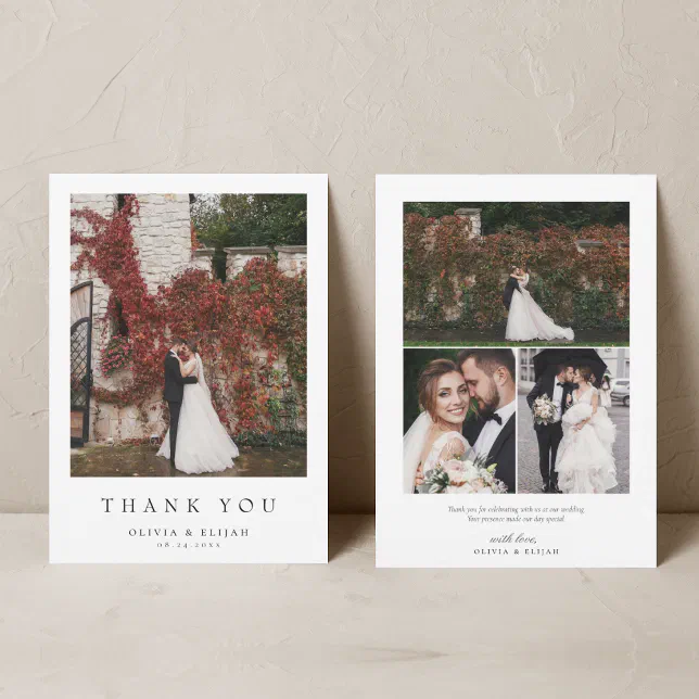 Simple Modern Photo Wedding W Note 4 Photo Thank You Card | Zazzle