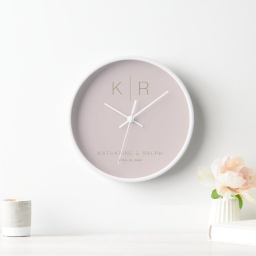 Simple Modern Pink Beige Monogram Wedding Clock