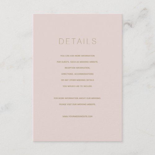 Simple Modern Pink Beige Wedding Details Card