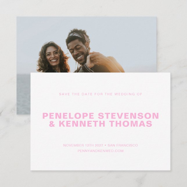 Simple Modern Pink Engagement Photo Wedding Save The Date (Front/Back)