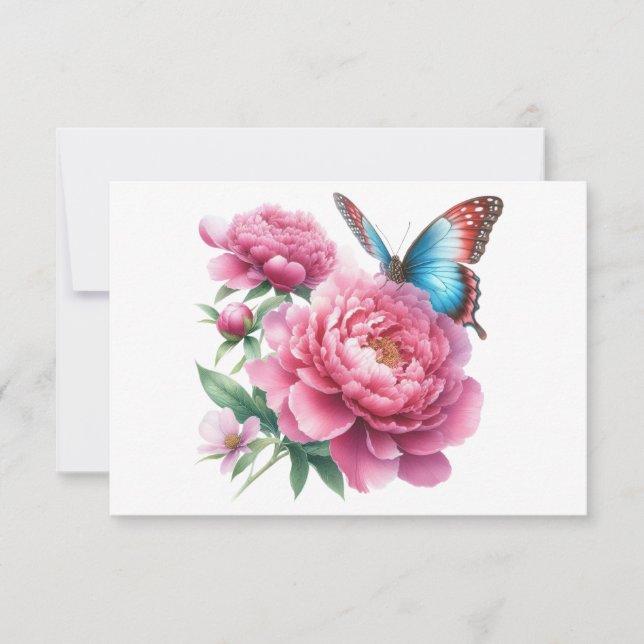 Simple Modern Pink Floral Butterfly Flat Note Card (Front)
