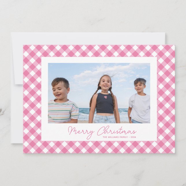 Simple Modern Pink Gingham Christmas Card (Front)