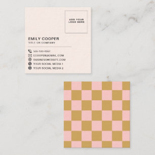 Simple Modern Pink Gold Checker Checkerboard Logo Square Business Card