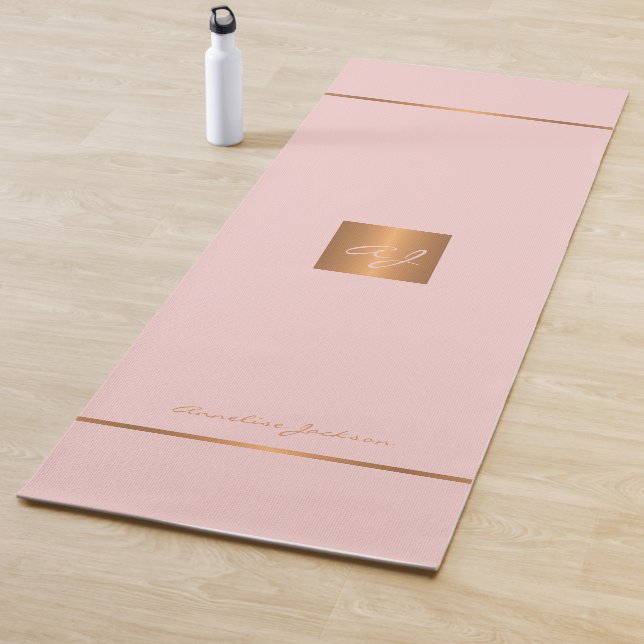 Simple modern pink gold chic monogrammed stripes yoga mat (In Situ)