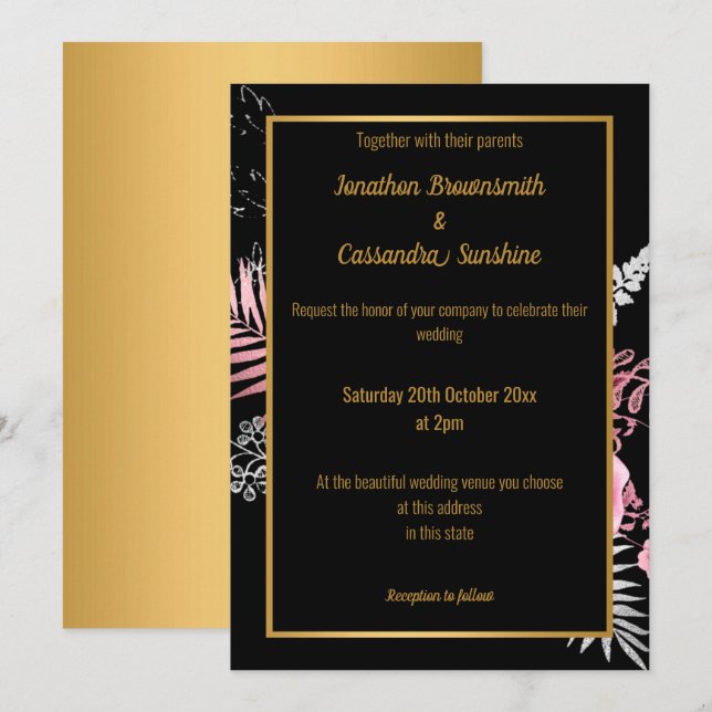 SIMPLE MODERN PINK GOLD FLORAL WEDDING ALL BLACK INVITATION (Front/Back)