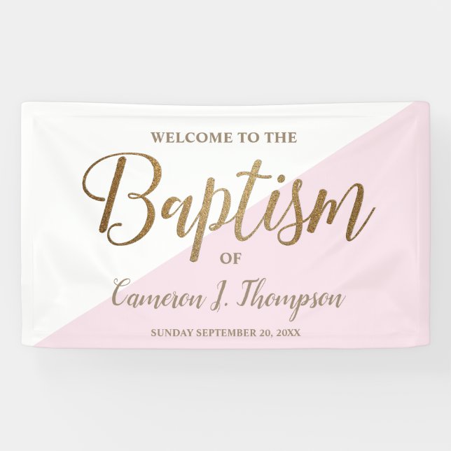 Simple Modern Pink Gold Script Baby Baptism Banner (Horizontal)